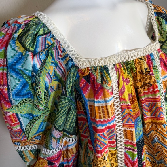Farm Rio Anthropologie Lace Inset Peasant Blouse Tropical Print Small - Picture 5 of 11